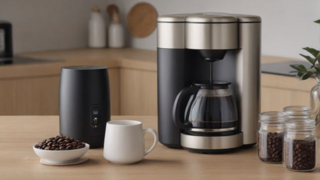 Uma cafeteira elétrica, uma xícara de café fumegante e um pote de grãos de café em cima de uma mesa de madeira.