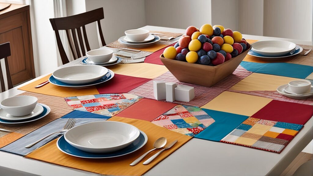 Mesa de jantar decorada com toalha de patchwork colorida, jogo de jantar branco com detalhes azuis e tigela de madeira cheia de frutas diversas.