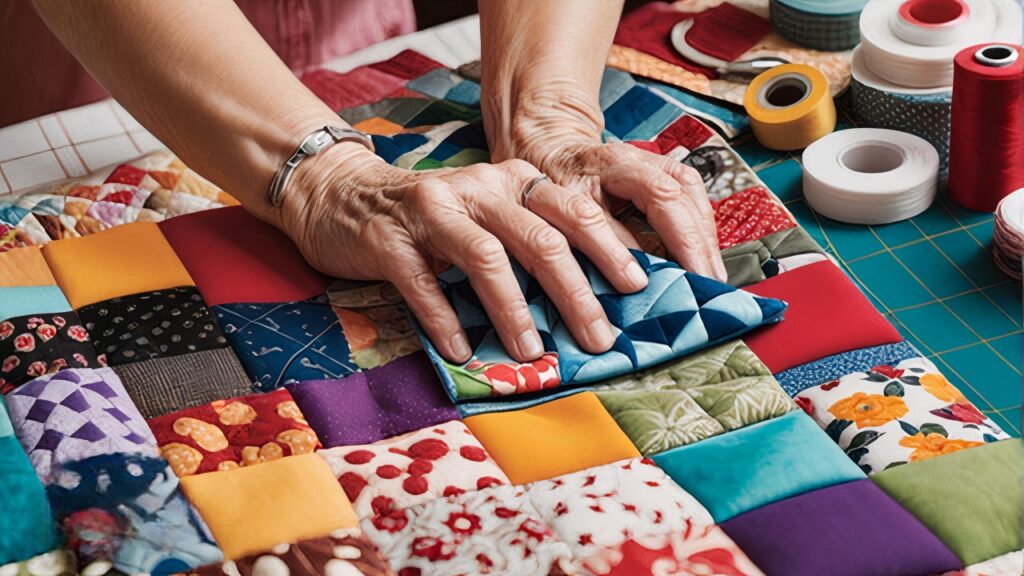 Uma mulher dedicada se concentra em criar um quilt artesanal vibrante, demonstrando paixão e habilidade. A imagem inspira a explorar o mundo do artesanato e da criatividade.