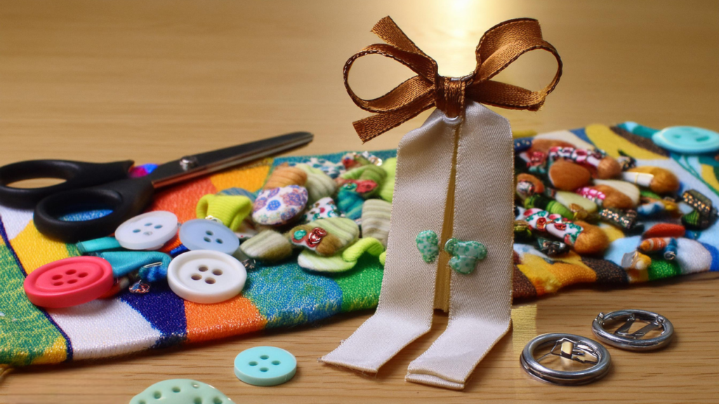Mesa com tesoura, botões, miçangas e laço