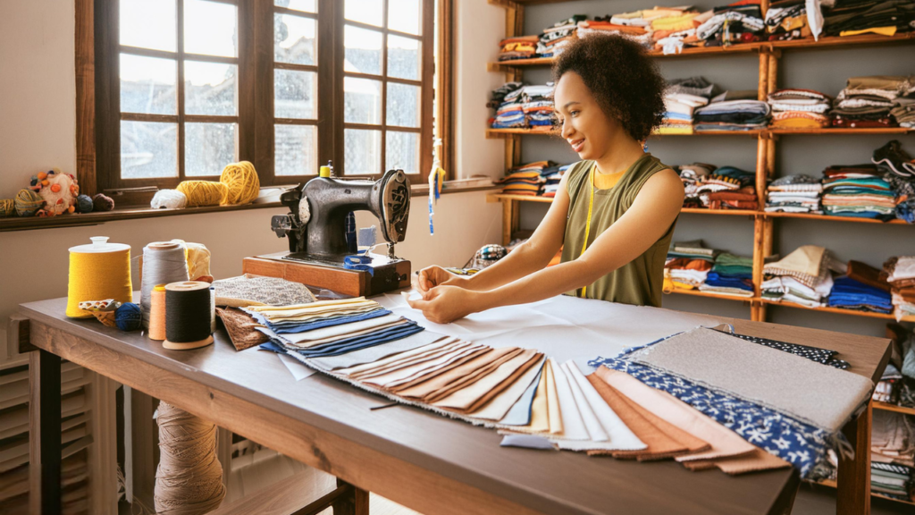 Artesã sorridente trabalhando em uma peça de patchwork com uma máquina de costura vintage, rodeada por tecidos variados e materiais de costura.