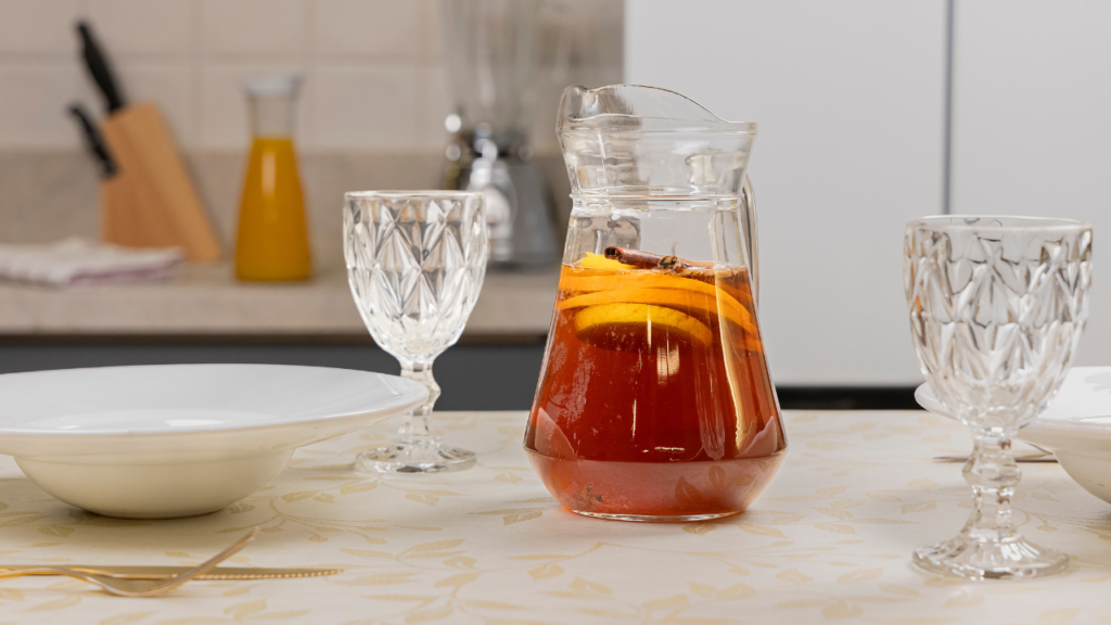 Foto de uma mesa pequena com uma jarra de vidro cheia de bebida e copos ao redor.