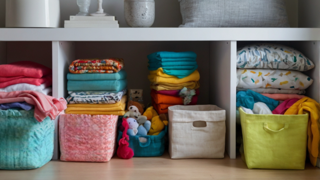 Organizadores de tecido coloridos em prateleira com brinquedos e roupas.