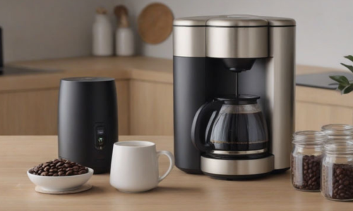 Uma cafeteira elétrica, uma xícara de café fumegante e um pote de grãos de café em cima de uma mesa de madeira.
