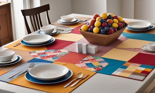 Mesa de jantar decorada com toalha de patchwork colorida, jogo de jantar branco com detalhes azuis e tigela de madeira cheia de frutas diversas.