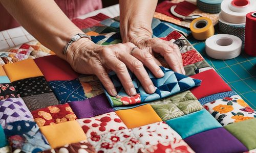 Uma mulher dedicada se concentra em criar um quilt artesanal vibrante, demonstrando paixão e habilidade. A imagem inspira a explorar o mundo do artesanato e da criatividade.