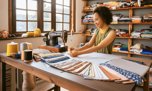 Artesã sorridente trabalhando em uma peça de patchwork com uma máquina de costura vintage, rodeada por tecidos variados e materiais de costura.