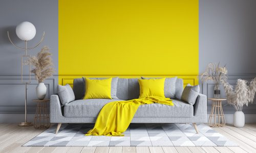 Modern,Living,Room,Interior,Design.,Yellow,And,Gray,Paint,Wall